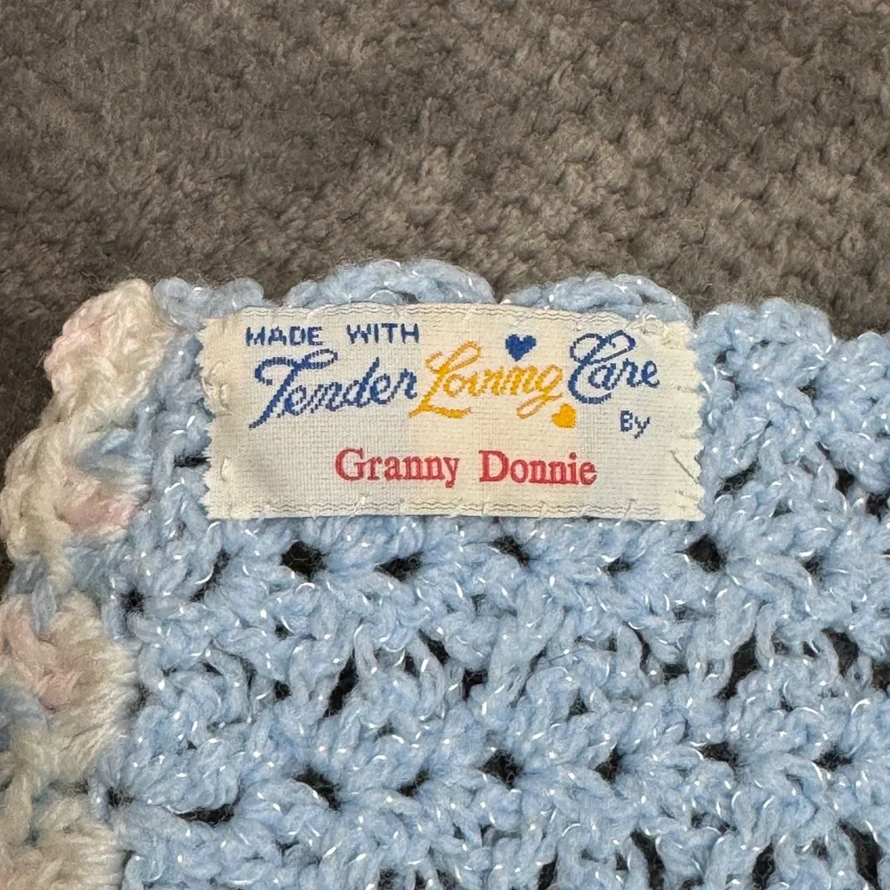 Handmade Crochet Baby Blanket Blue Pink White Striped Scalloped Border 29x30